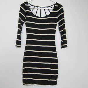 Soprano Mini Dress XS Black White Striped Bodycon Knit 3/4 Sleeve Cut-out New